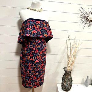 Badgley Mischka Dress Size 8 Navy Blue Floral Strapless Popover Sheath Cocktail